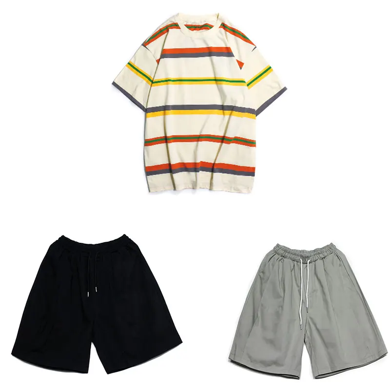 

New Summer Striped T-Shirt Short-Sleeved Trend Loose + Harajuku Men's And Women's Five-Point Pants Casual Shorts College Style