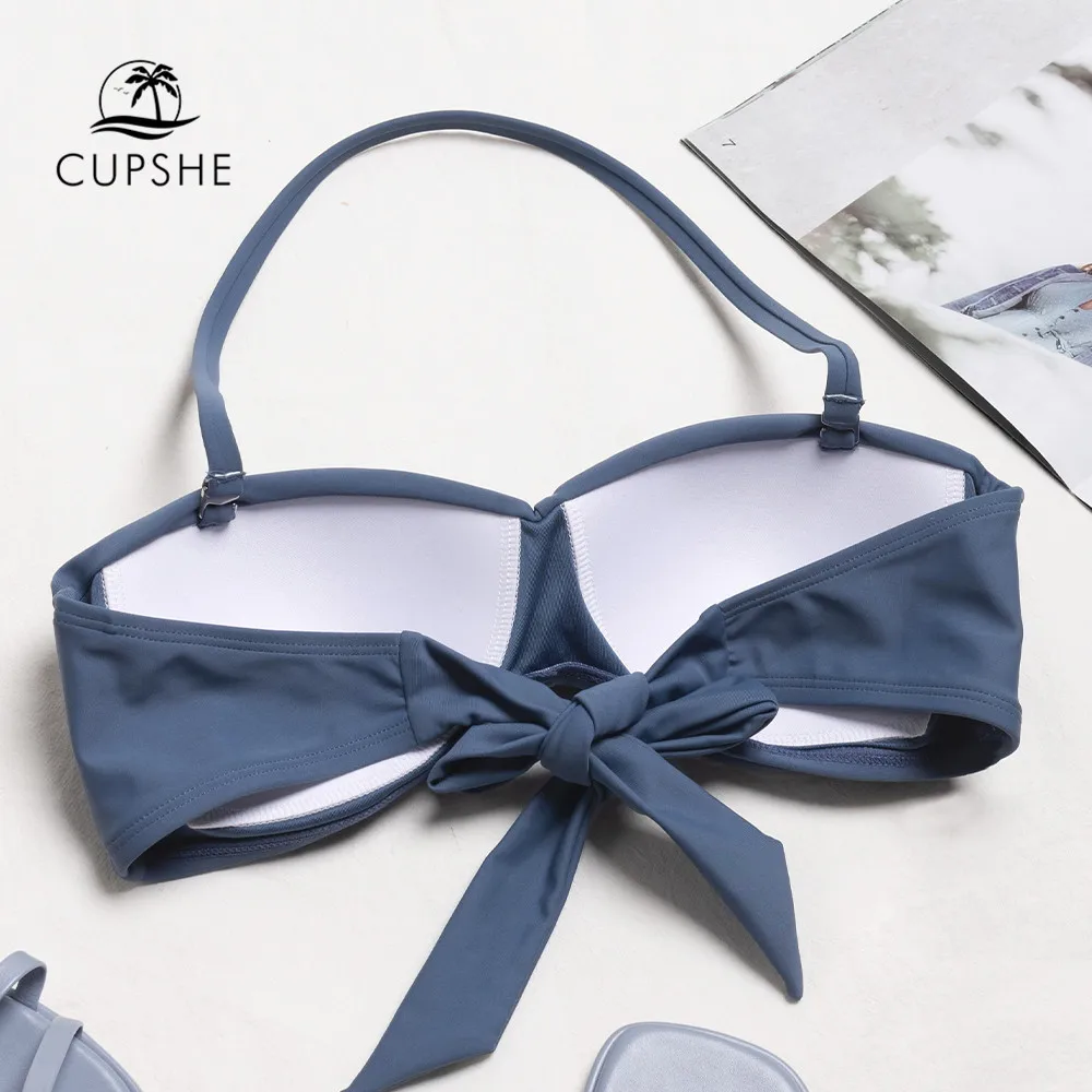 CUPSHE Пуш-ап бандо халтер бикини топ только для женщин с синими формованными чашками, завязывающийся на шее, купальник 2022 года, раздельный купальник, пляжная одежда.