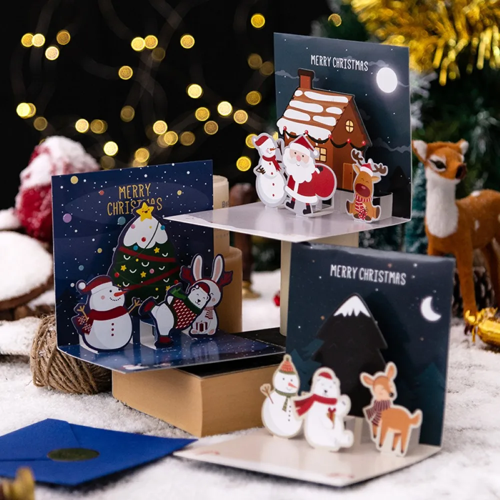 

1PCS 3D Christmas Greeting Cards with Envelopes Creative Blessing Postcard Message Card for Christmas Decor New Year Xmas Gift