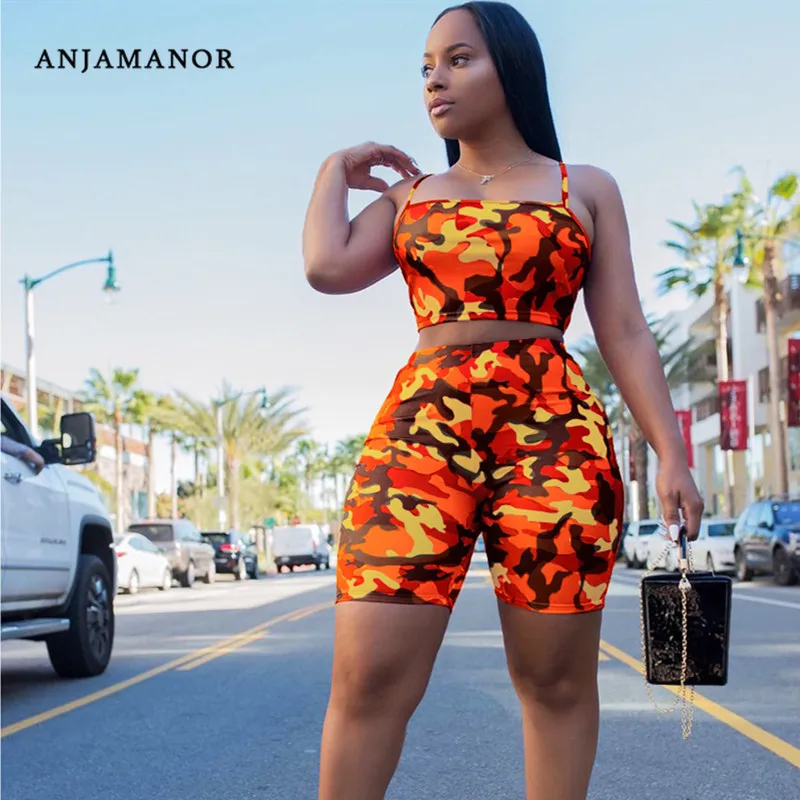 

ANJAMANOR Camouflage Print Casual Two Piece Set Crop Top and Pants Summer Short Tracksuit Women Sexy Bodycon Romper D74-BI19