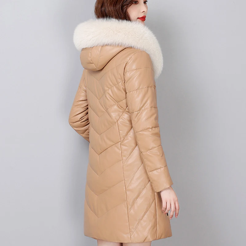 Женский пуховик из натуральной кожи с воротником лисьего меха | Женская одежда