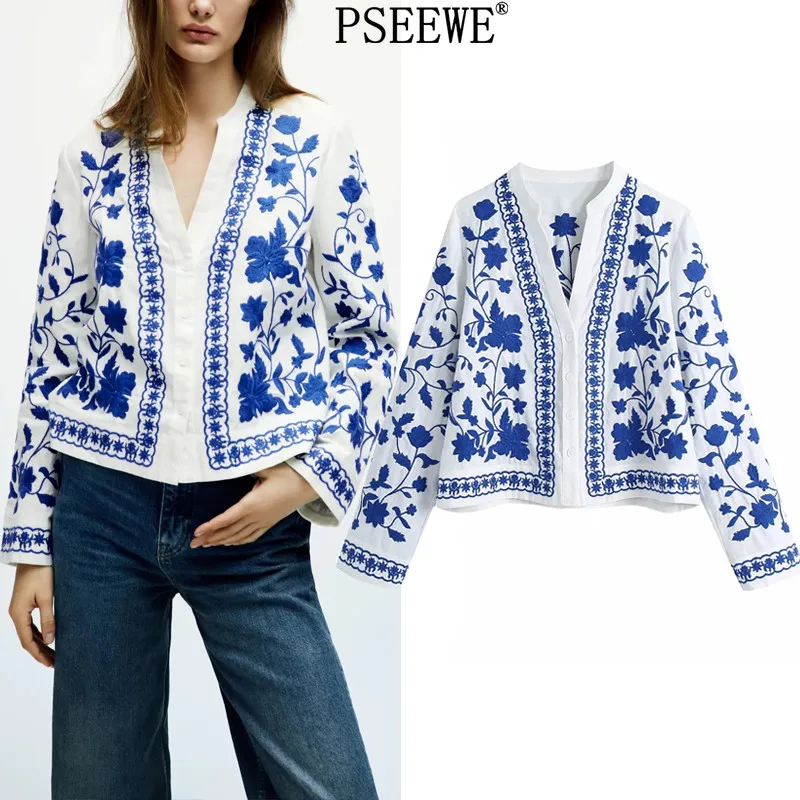 

PSEEWE Za Women 2021 Blue Embroidery White Shirt Woman Long Sleeve Chinese Style Vintage Top Female Elegant Button Up Shirt