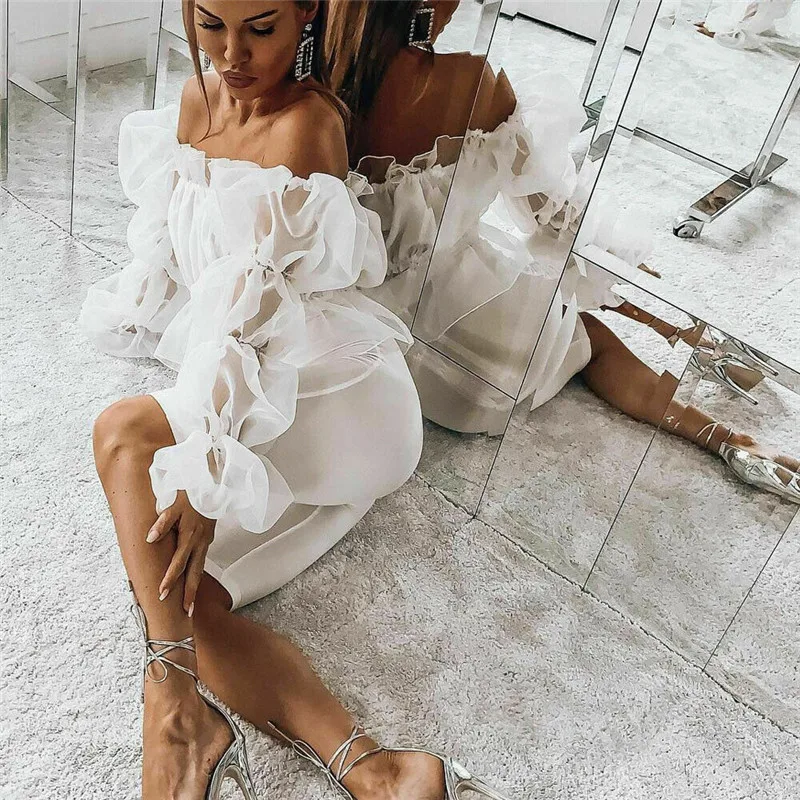 Женская сетчатая короткая блузка с открытыми плечами и оборками из органзы |