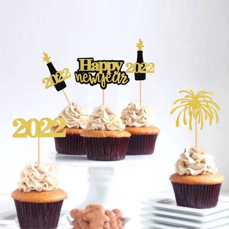 4 Uds Feliz A&ntilde;o Nuevo Cupcake Topper selecciones de pastel para A&ntilde;o Nuevo 2022 Eve cumplea&ntilde;os Navidad tarta casera decoraci&oacute;n de fiesta bandera-3
