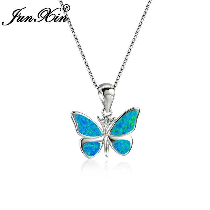 Blue Opal Necklace Подвеска с милым животным бабочкой, Синий Белый огненный опал, ожерелья для женщин, 925 серебряный цвет, Радужный камень, свадебное Колье, ювелирное изделие - Окраска металла: Blue Opal Necklace