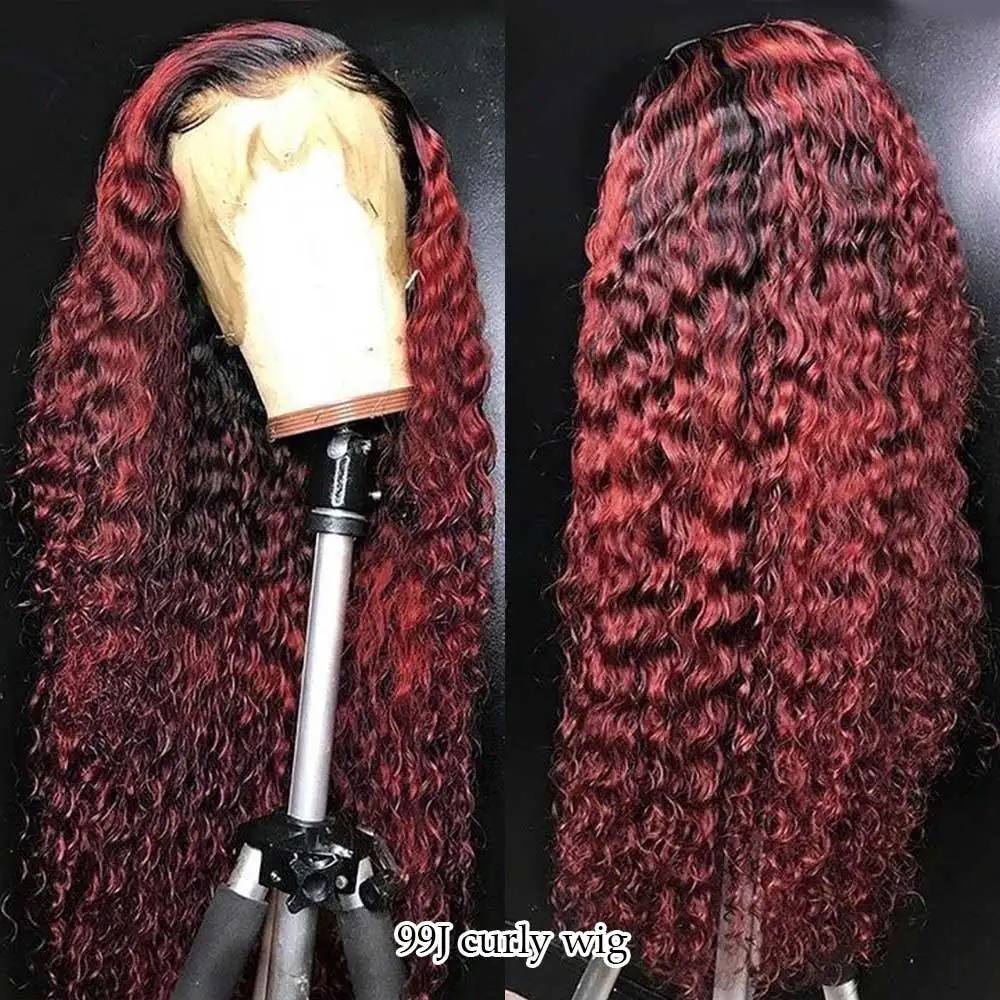 1b 99j curly wig 13X6 глубокий часть Синтетические волосы на кружеве парик с ребенком волосы с эффектом деграде(переход от вьющиеся короткие парики из человеческих волос бразильские волосы Remy, блонд, 150% Плотность - Цвет: 1b 99j curly wig