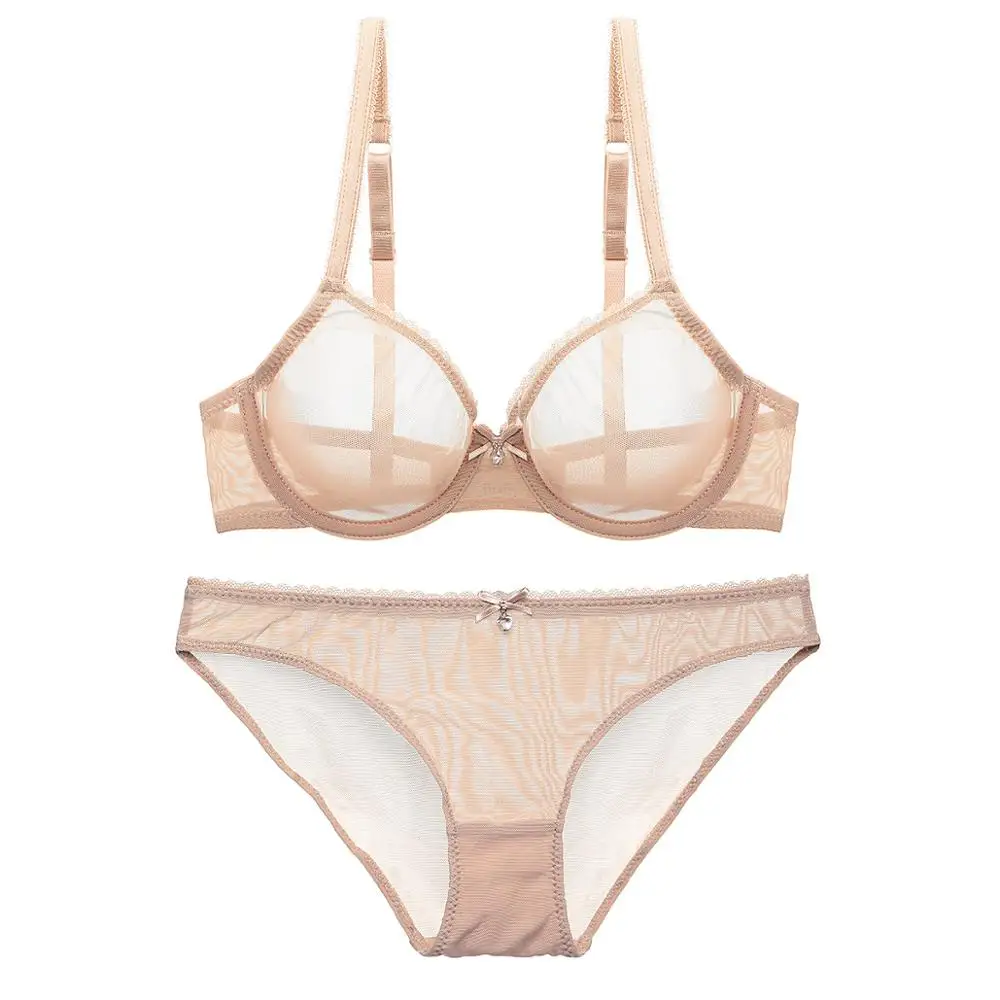 Bra Set Khaki Женский комплект бюстгальтера размера плюс, Одноцветный, прозрачная чашка, дышащий, на косточках, пуш-ап, украшен бантом и стразы, комплект нижнего белья для женщин - Цвет: Bra Set Khaki