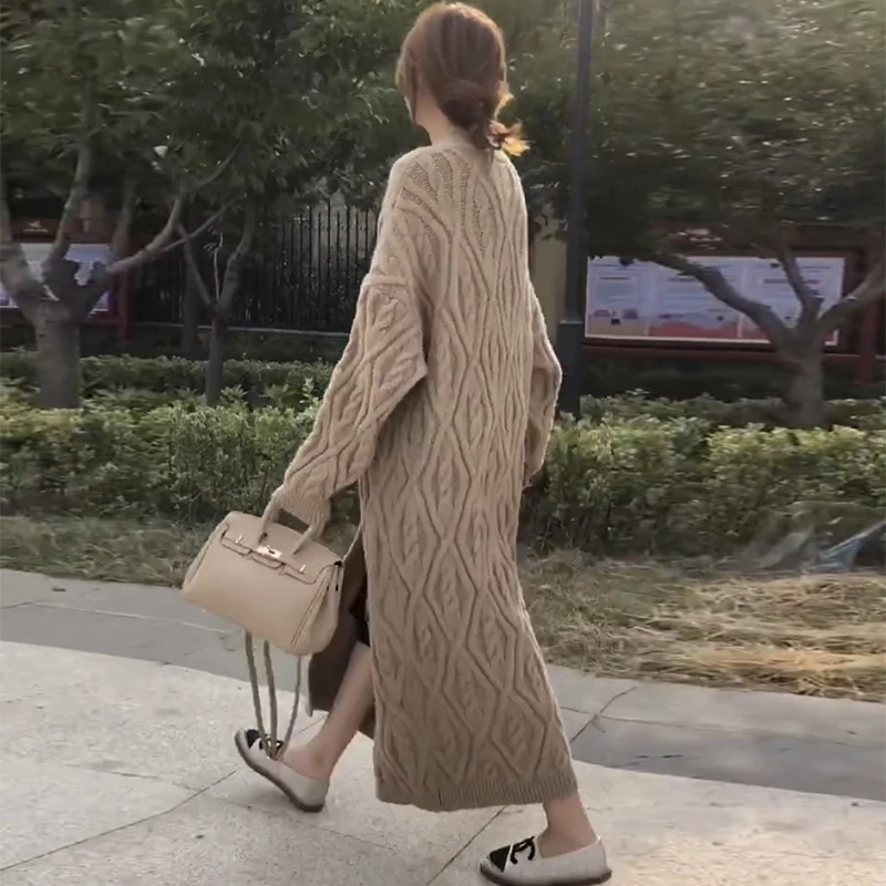 

2020 Women Winter Thicken Oversized Twist Long Sweater Coat Jacket V Neck Single Breasted Knitted Cardigan Overcoat