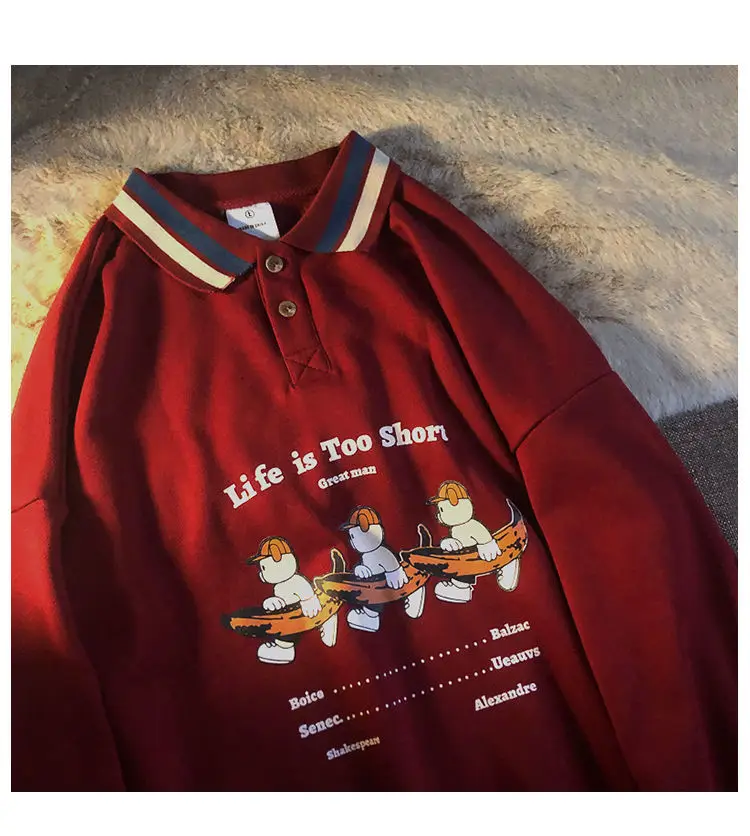 

Women Sweatshirts Autumn Casual Vintage Letter Bear Print Striped Patchwork Polo Collar Harajuku Oversized Hooded Pullover Tops