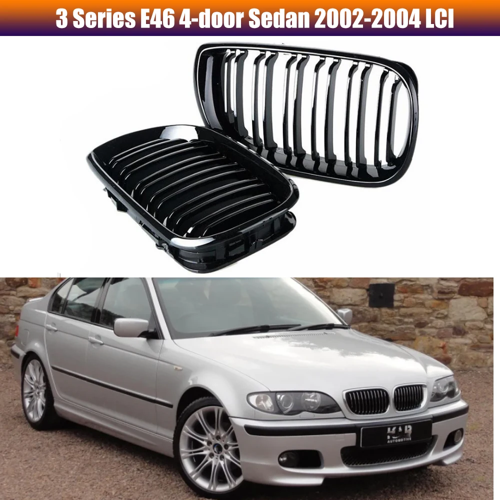 

Глянцевый черный двухлинейный передний гриль Kidny для BMW E46 2002-2005 (подходит только для 4-дверного)