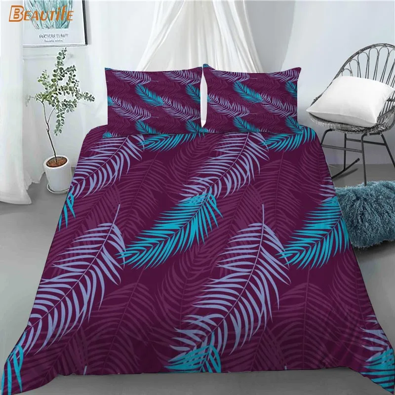 Juego de ropa de cama con estampado de hojas de palmera, edred&oacute;n de 3 piezas con dise&ntilde;o sin costuras, funda de almohada, Textiles para el hogar, 1009-5