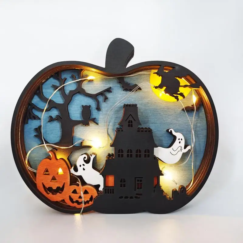 

Halloween Wooden Ornaments Creative Wooden Carving Pumpkin Lighting LED Tabletops Decoration 2 Styles With / Without Light