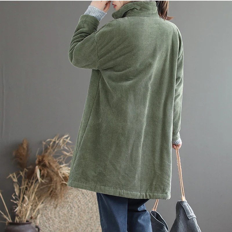 2021 autumn winter new literary fan corduroy cotton-padded coat cotton-padded jacket women mid-length warm plus velvet coat s569