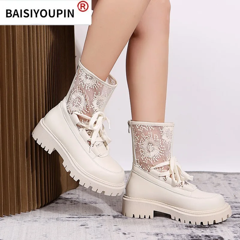 

New Women Martin Boots Women's Spring Summer Thin Short Boots Breathable Mesh Hollow Women's Boots Lace All-Match Platform Boots