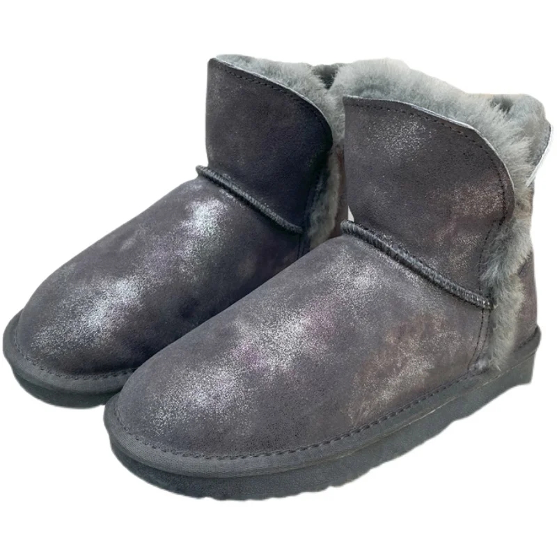 Snow Boots Women's New Winter Sheepskin Genuine Leather Boots Real Wool Non-slip Warm Flat Cotton Shoes
