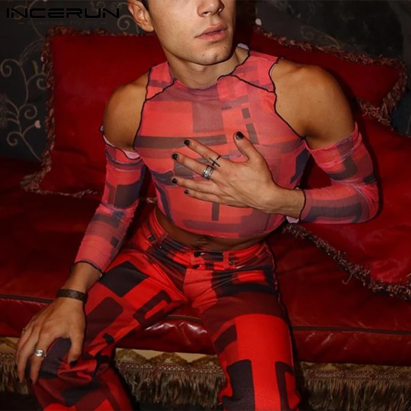 

Мужская футболка с принтом, сетчатая Прозрачная Футболка с круглым вырезом, открытыми плечами и длинным рукавом, пикантные укороченные топ...