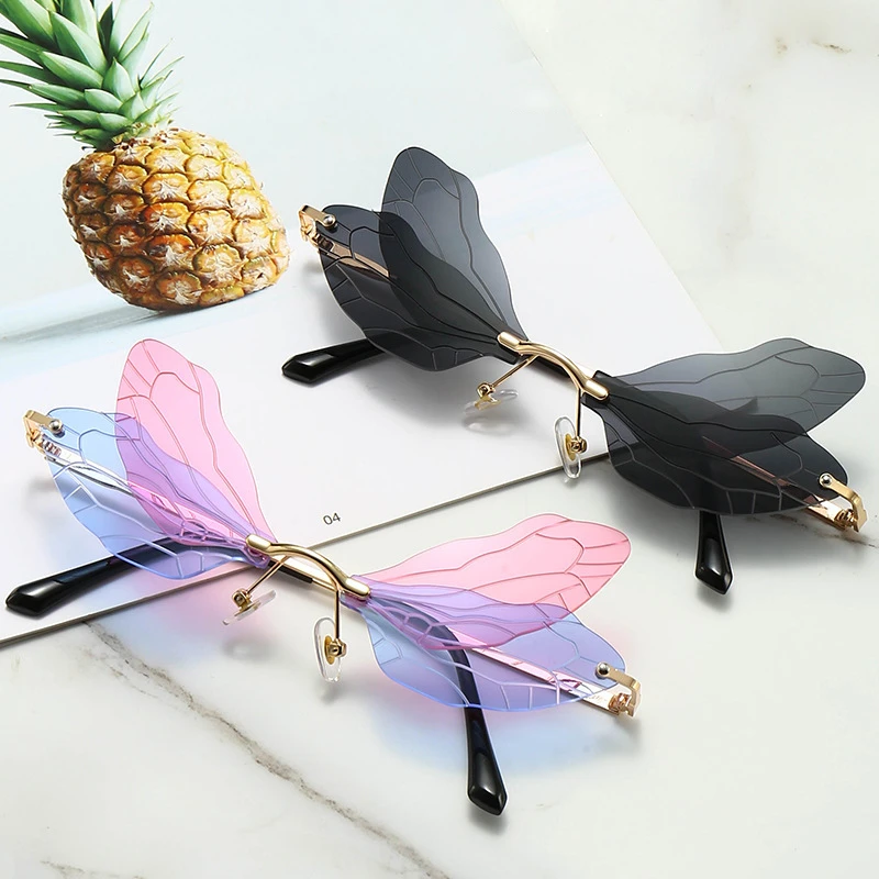 Модные солнцезащитные очки без оправы в форме стрекозы Женские винтажные с