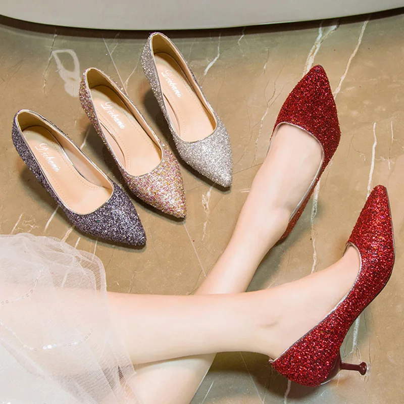 

Plus Size 41 Women Wedding Shoes Bling High Heels Dress Shoes Silver Bridal Shoes Woman Pump Pointed Toe Glitter Boat Shoe 7979N