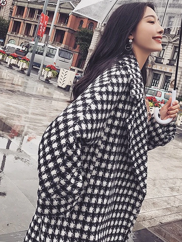 Новое осенне-зимнее элегантное шерстяное пальто с рисунком гусиные лапки