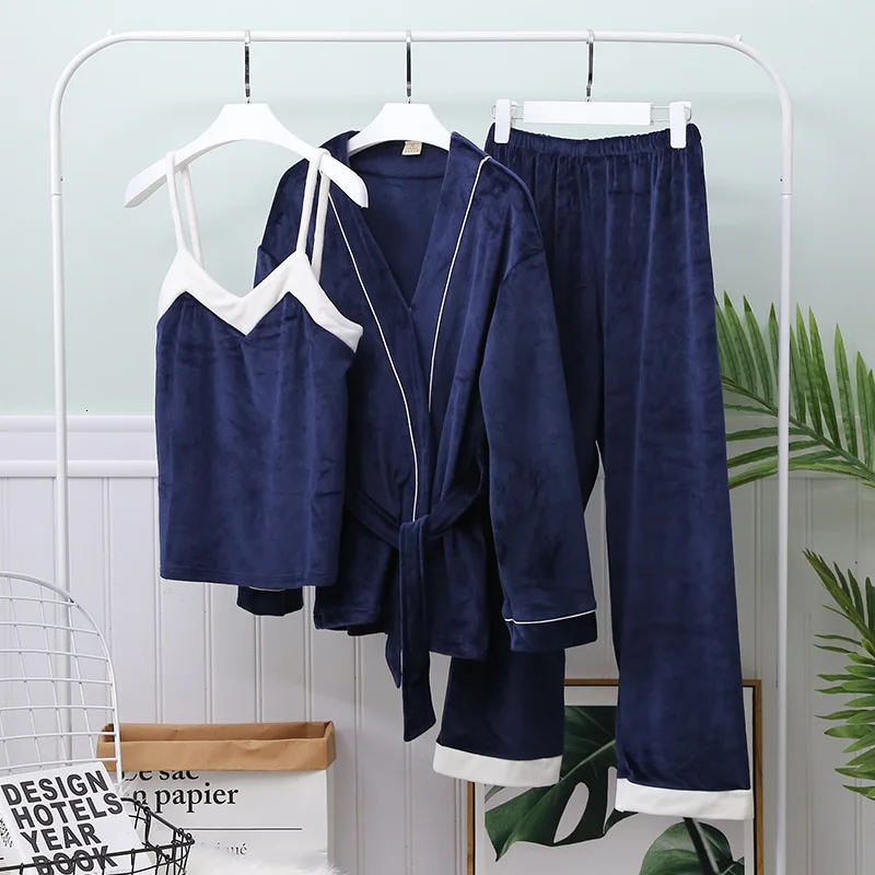 navy blue Фланелевая женская зимняя теплая Пижама, комплект из 3 предметов, теплая пижама с длинными рукавами для русской зимы - Цвет: navy blue