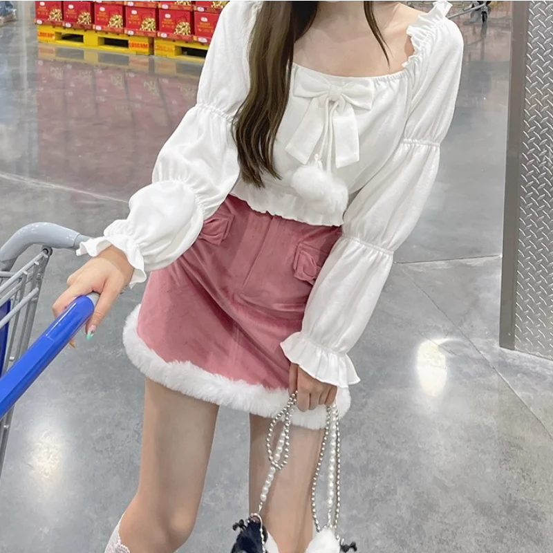 

Japanese Kawaii Lolita Suit Women's 2021 Bow Sweet Blouse + Warm Casual Mini Skirts Korean Set Woman 2 Pieces Chic Autumn Winter