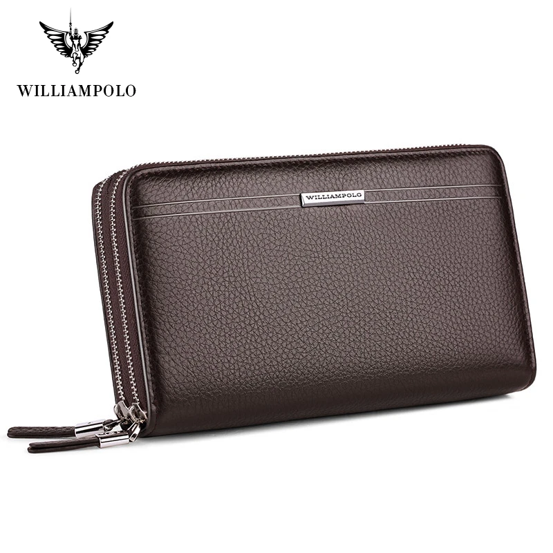 WILLIAMPOLO Men's Leather Clutch Solid Clutch Bag Phone Cases Luxury Brand Mens Wallet Double Zipper Genuine Leather Bag PL163
