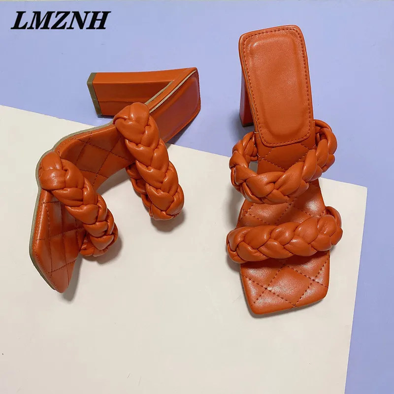 

LMZNH Weave Sandals For Women Flip Flops Square Toe High Heels Mules Shoes Party Summer Slides Slippers Female Sandalias Mujer