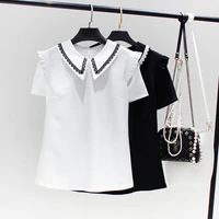 2022 summer new japanese style solid color chiffon tops doll collar blouse lace splicing fashion casual short sleeve tee shirts