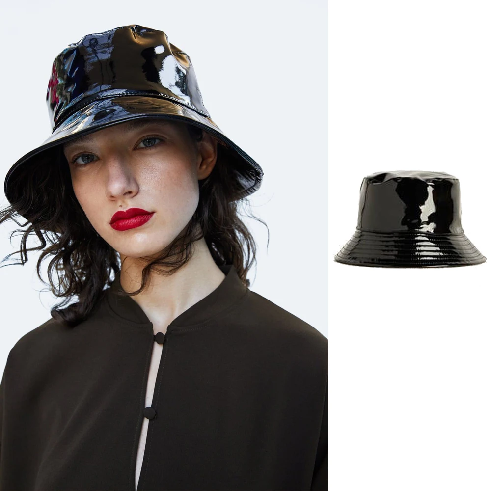 

Шапки из ПУ кожи для мужчин и женщин, Черные Водонепроницаемые шапки для рыбаков, Панама для танцев, шоу, хип-хоп, уличный стиль, шляпы от солн...