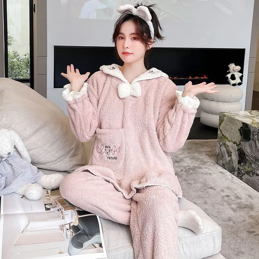 

Flannel Warm 2PCS Women's Home Wear Winter New Thicken Loose Pajamas Suit Lovely Plush Sleepwear With Pocket Casual Nightwear