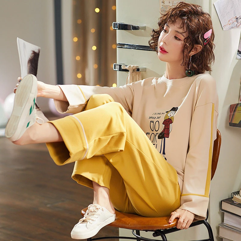 

Женский удобный пижамный комплект, хлопковый костюм с принтом, с длинным рукавом, из двух предметов, милый и милый, домашний костюм JJF0063