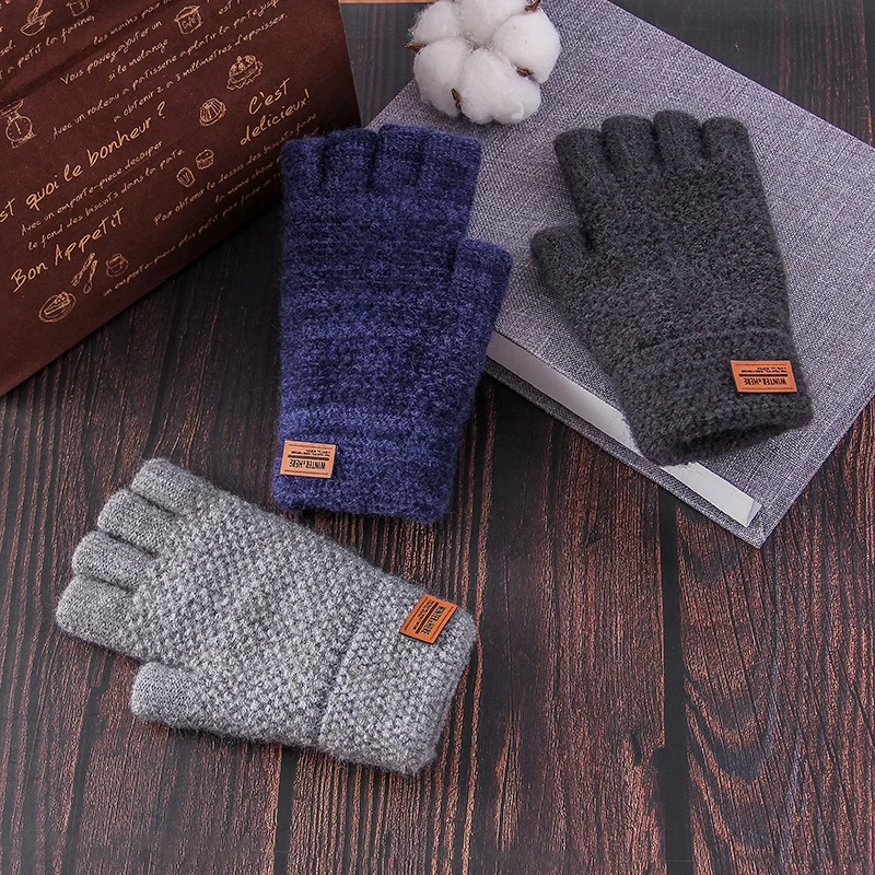 

Winter Fingerless Gloves For Men Knitted Half Finger Glove Warm Wool Leather Thick Elastic Driving Gloves Winer Glove Wholesale