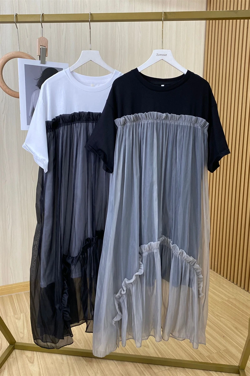 

Women's Short Sleeve Loose Dress 2021 Summer Korea Mesh Stitching Contrast Color Dress Female Loose Slimming Vacation Midi Dress