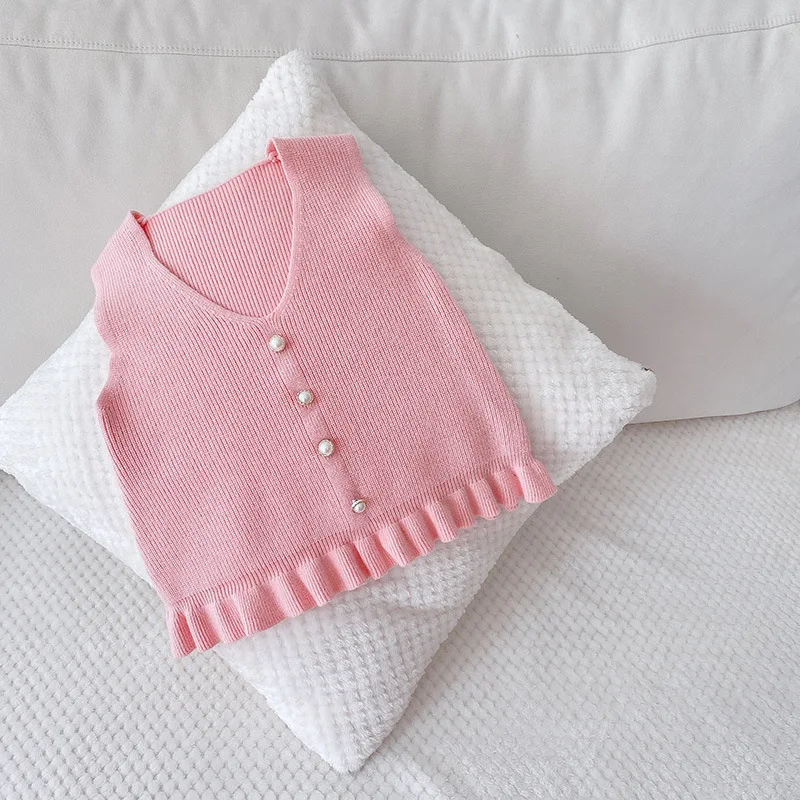 

Spring children's v-neck vest solid color baby Korean knitted girls children's vest toddler girl sweater