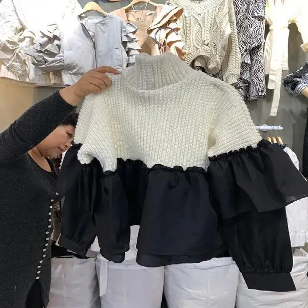 

Женский трикотажный джемпер с оборками, короткий свитер в Корейском стиле, одежда на осень, Y2k, пуловер с высоким воротником и лоскутными обо...