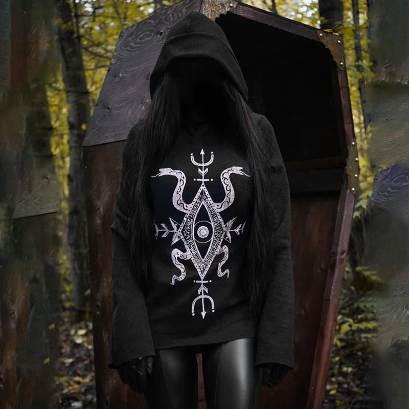 

Palace Retro Dark Sweater Dress Female Autumn and Winter New Waist Long Sleeve Little Black Dress Hooded Printed Dress Skirt