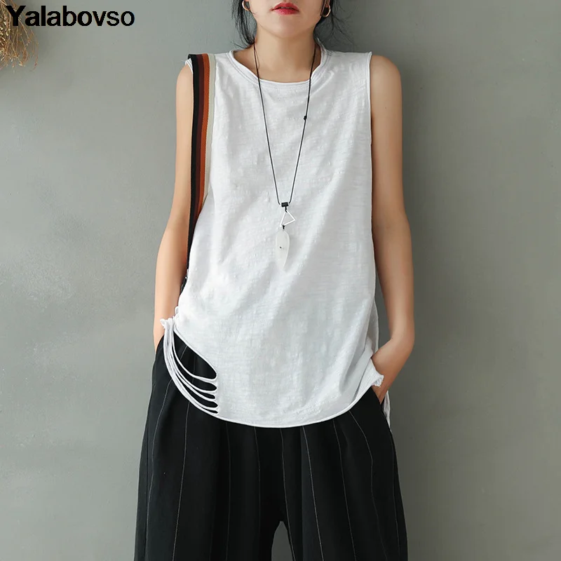 

Round Neck Pullover Sleeveless Top Female All Match Casual Fashion Harajuku Tees Bamboo Cotton Vest White Hole T Shirt Z2