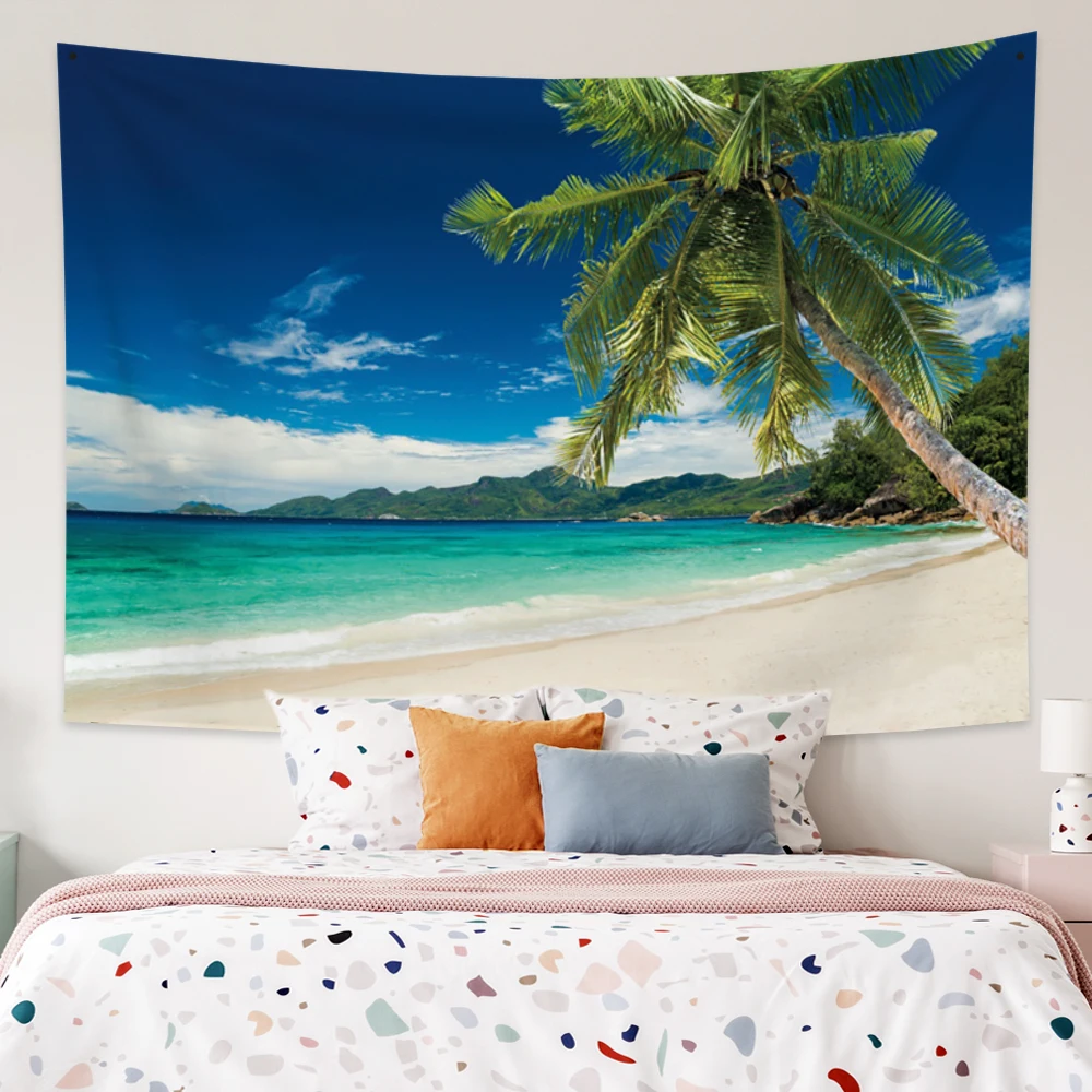 

Laeacco Tropical Landscape Tapestry Beach Blue Ocean Coconut Palm Tree Printed Blanket Wall Hangings Beach Towel Dorm Home Decor