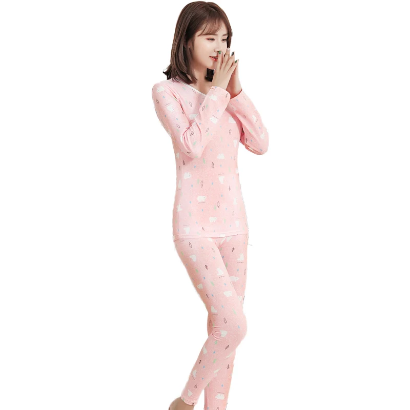 

Autumn Winter Long Sleeve Women Pajamas Set Cartoon Cute Print Round Neck Add Velvet Warm Female Pyjamas 2 Piece Pajama Set