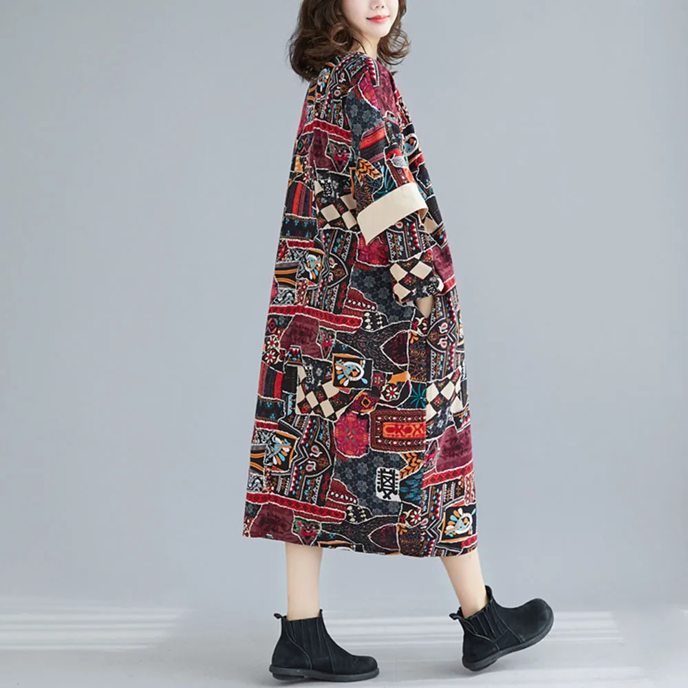 Женское платье в стиле ретро весеннее из хлопка и льна этническом с двойным
