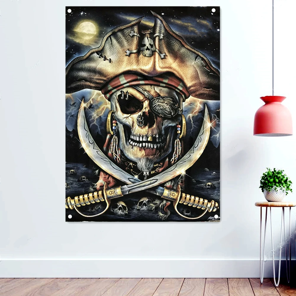 

Jolly Roger Pirate Flag Wall Art Skull and Cross Crossbones Sabres Swords Banner With 4 Grommets Vintage Wall Hanging Home Decor
