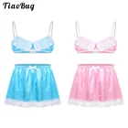 Комплект мужской из гладкого атласного кружева TiaoBug, бюстгальтер на тонких бретелях, топ с короткой юбкой и поясом, нижнее белье Sissy, 2 шт.