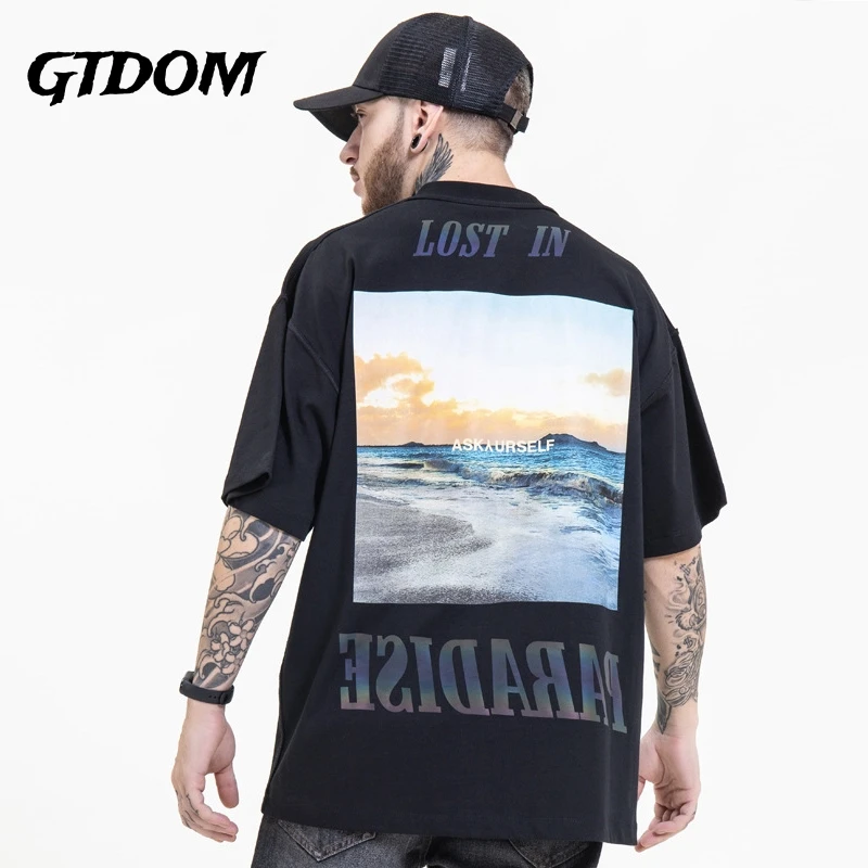 

GTDOM Men's Clothing 2021 Summer New Fashion California Landscape Letters Reflective Loose Short Sleeve T-shirt For Men Tees