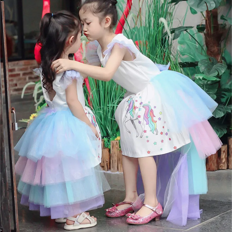 newChristmas Fluffy Girl Princess Unicorn Dress Gorgeous Backless Long Tail Wedding Kids Halloween Cosplay Costume | Детская одежда и