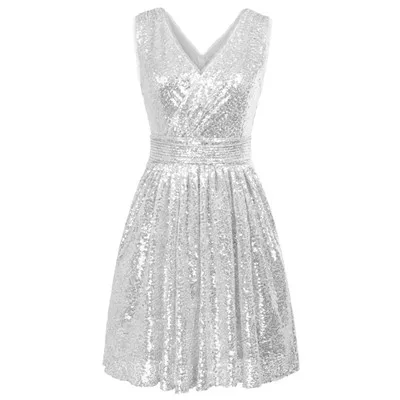 Silver Vestido de festa, мини женские платья, женское платье без рукавов с v-образным вырезом и блестками, элегантное вечернее платье для женщин - Цвет: Silver