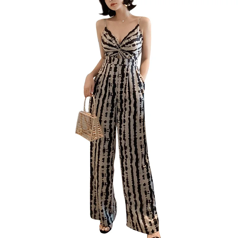 

Elegant Fashion Suspender Jumpsuit Sexy V-neck Slimming Mop Pants Women's Summer New Silky Vertical Straight Wide Leg Jumpsuit