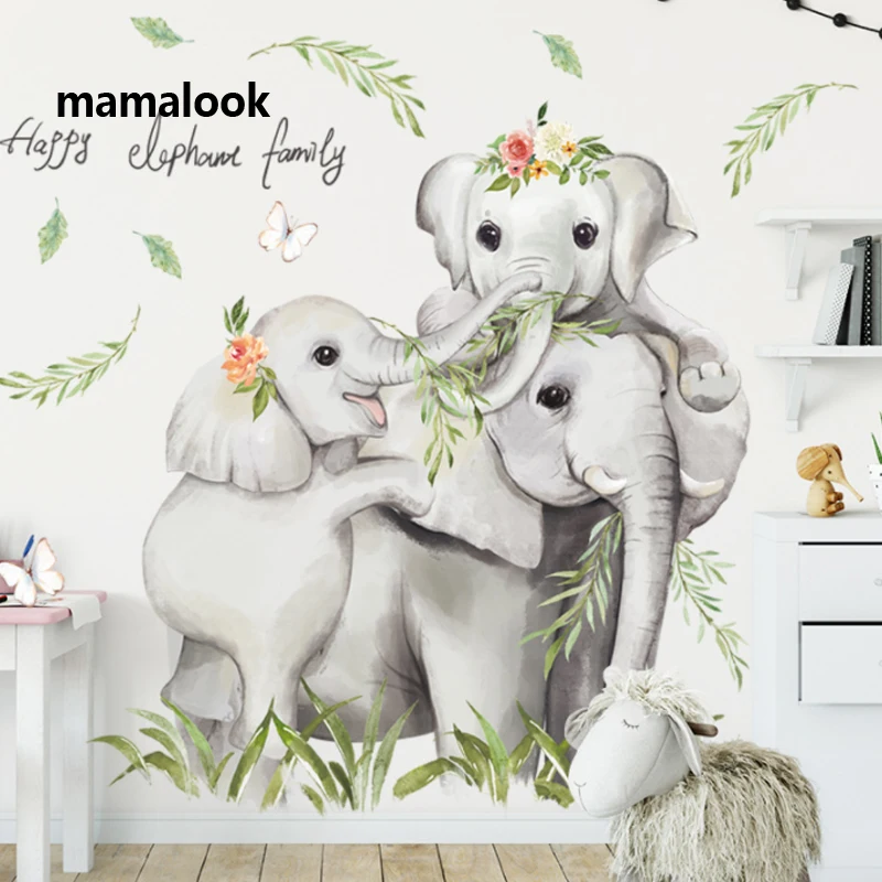 

Cartoon Safari Jugle 3 Elephants Family Baby Wall Stickers Nursery Kids Room Wall Decals PVC Home Bedroom Decor Sticker