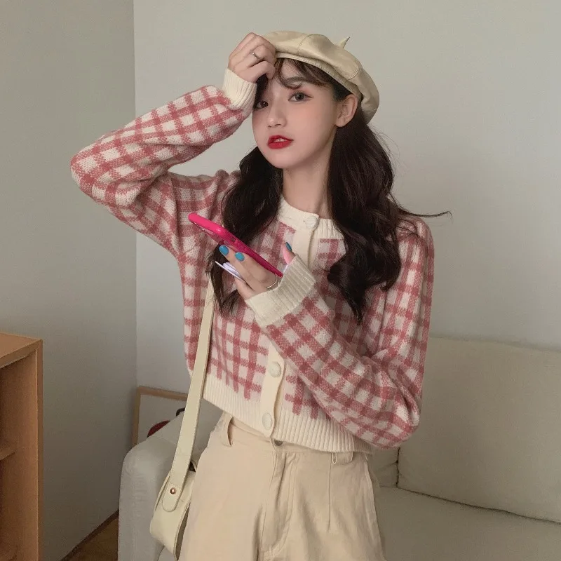 

Plaid sweater jacket female autumn fashion long-sleeved knitted cardigan 2021 new short temperament tops
