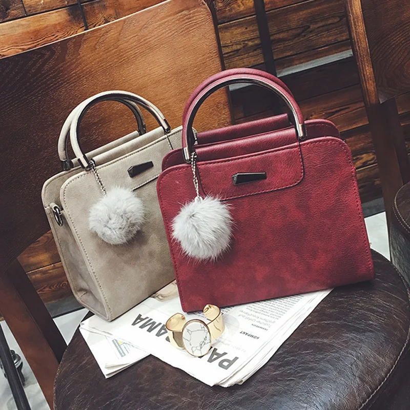 

PU Leather Handbag With Fur Ball Bolsa Handbag Women Casual Tote Bag Female Large Shoulder Messenger Bags High Quality