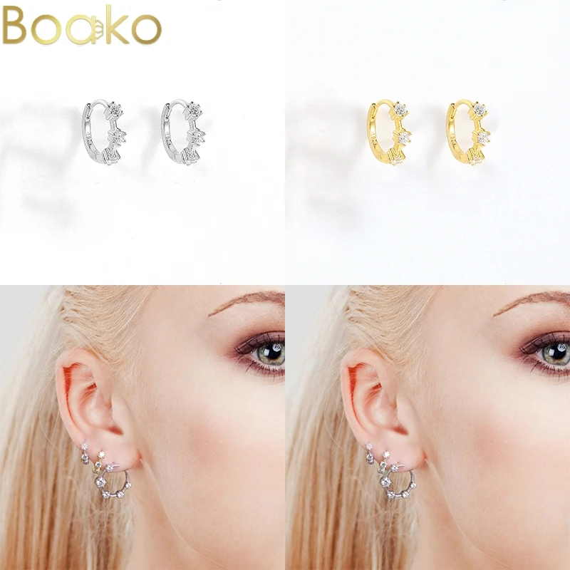 

BOAKO Genuine 925 Sterling Silver Trendy White CZ Huggies Hoop Earrings For Women Couple Anniversary Wedding Earrings Jewelry